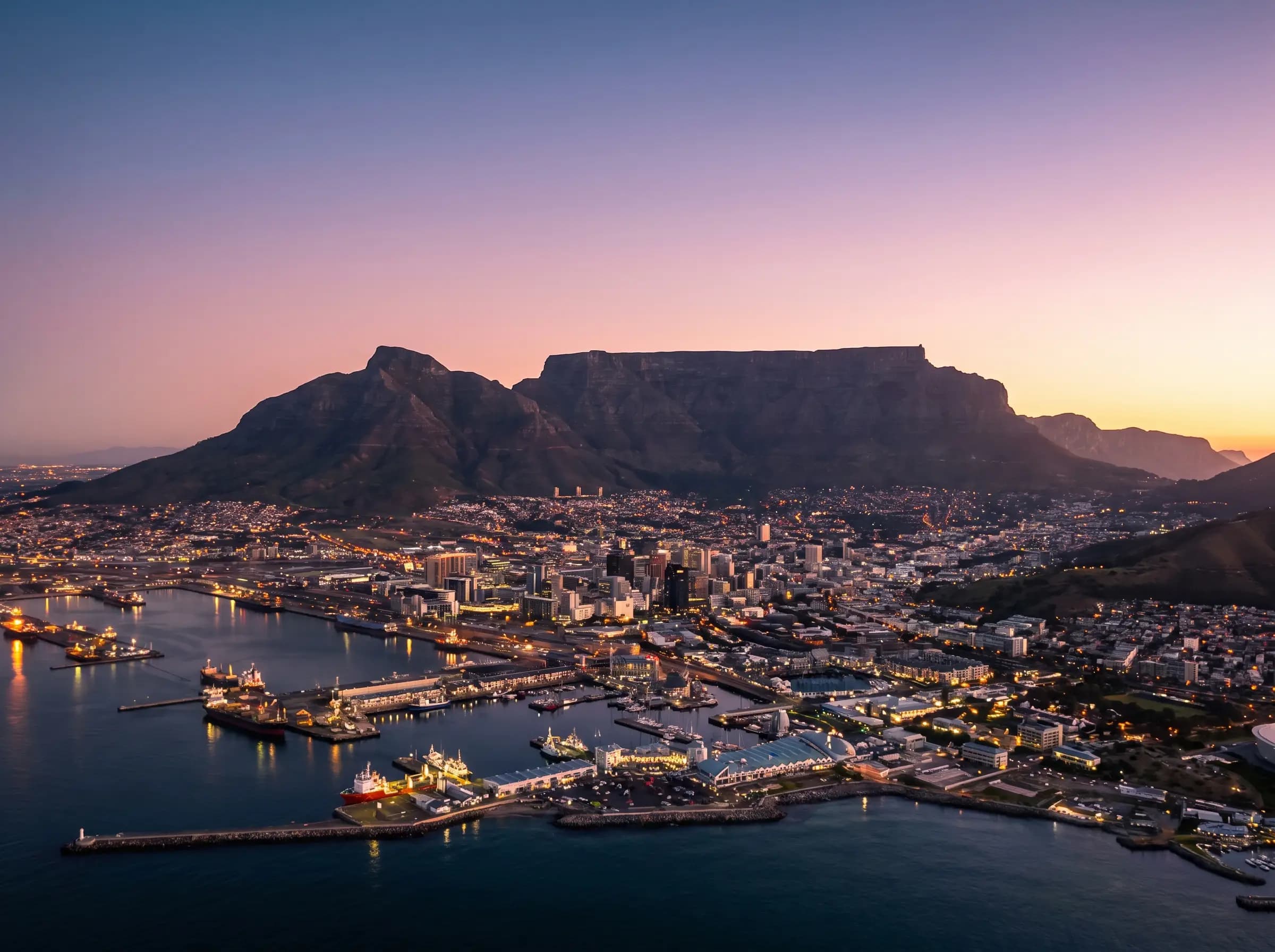 Cape Town skyline at dusk with Table Mountain behind