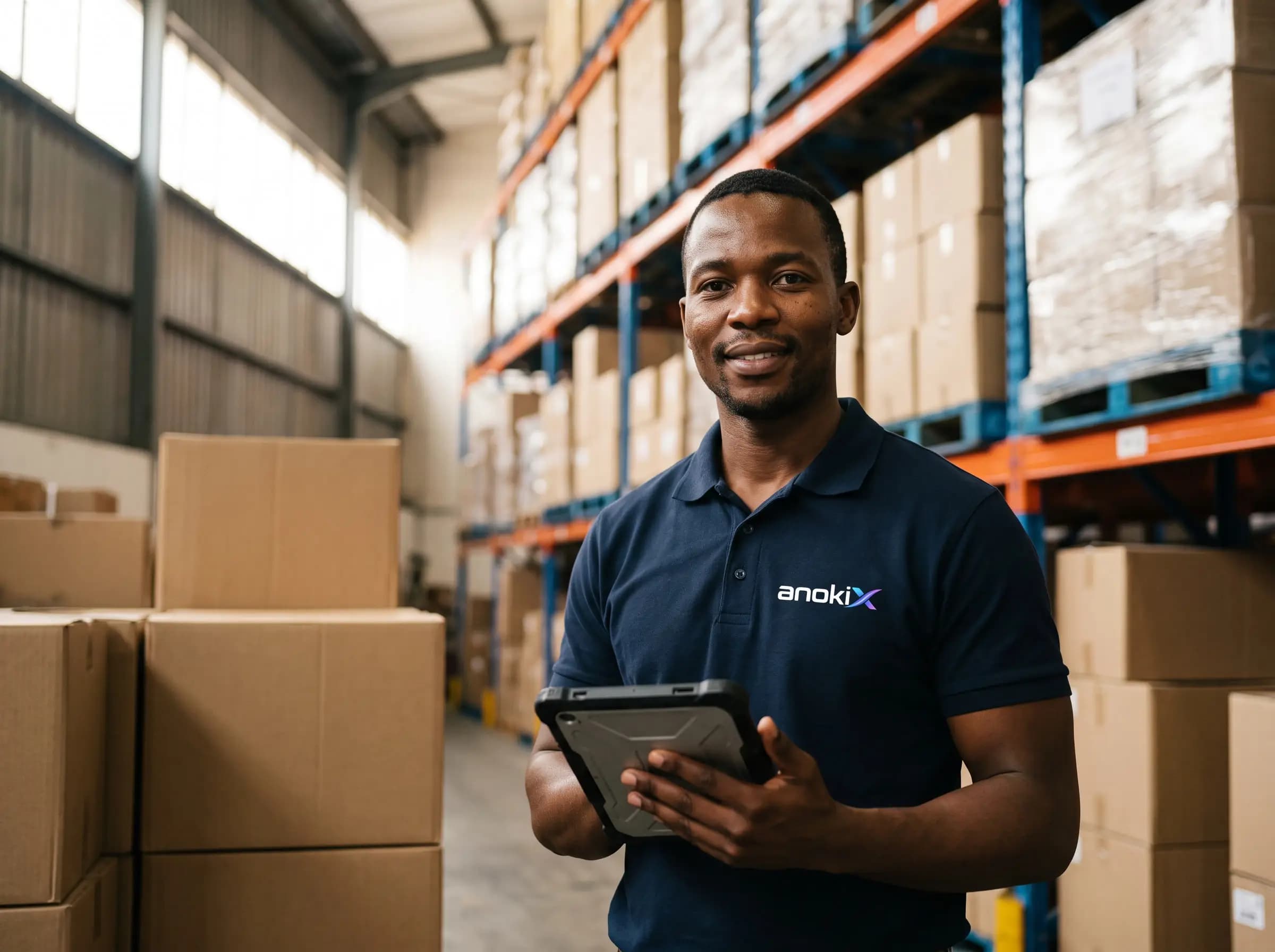 Distributor with a tablet in a warehouse