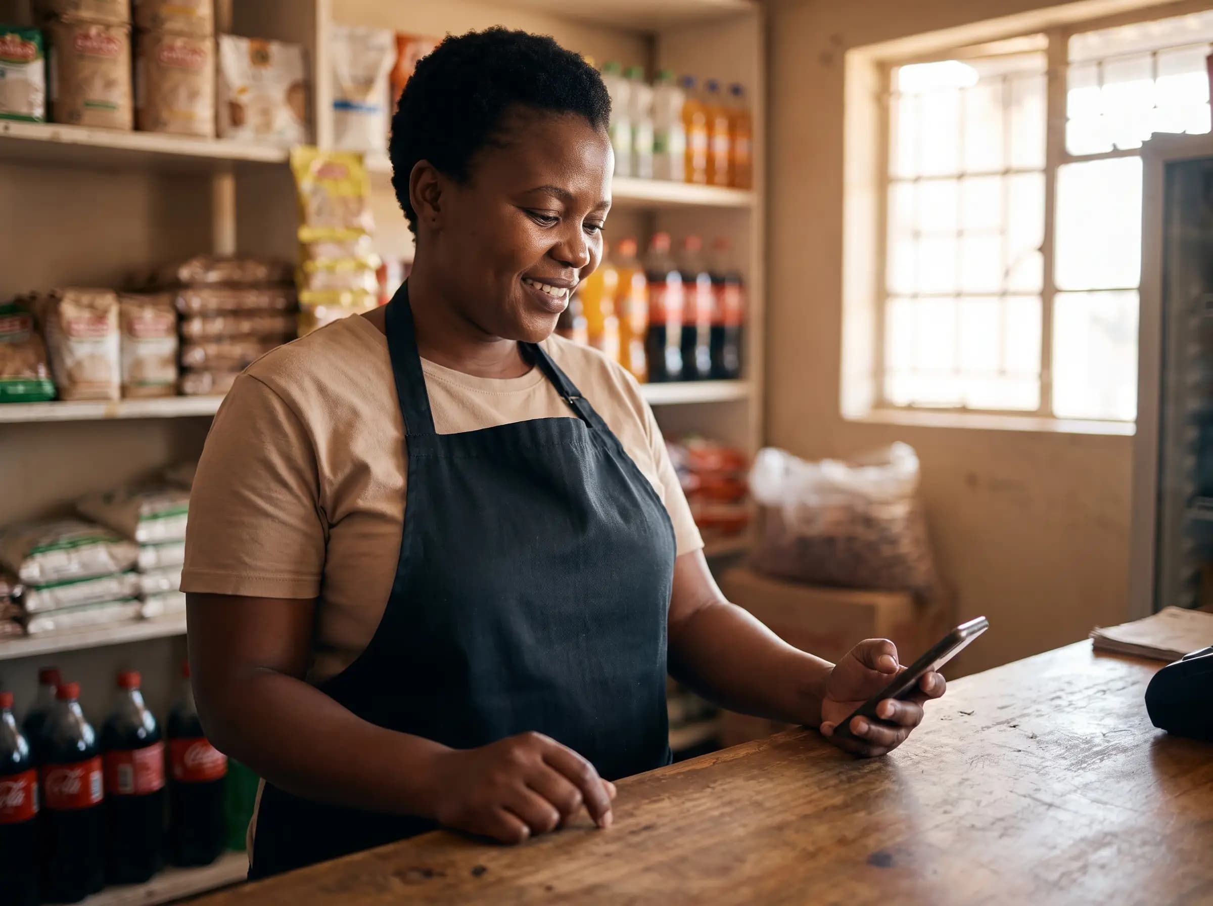Trader checking stock on a phone in her shop