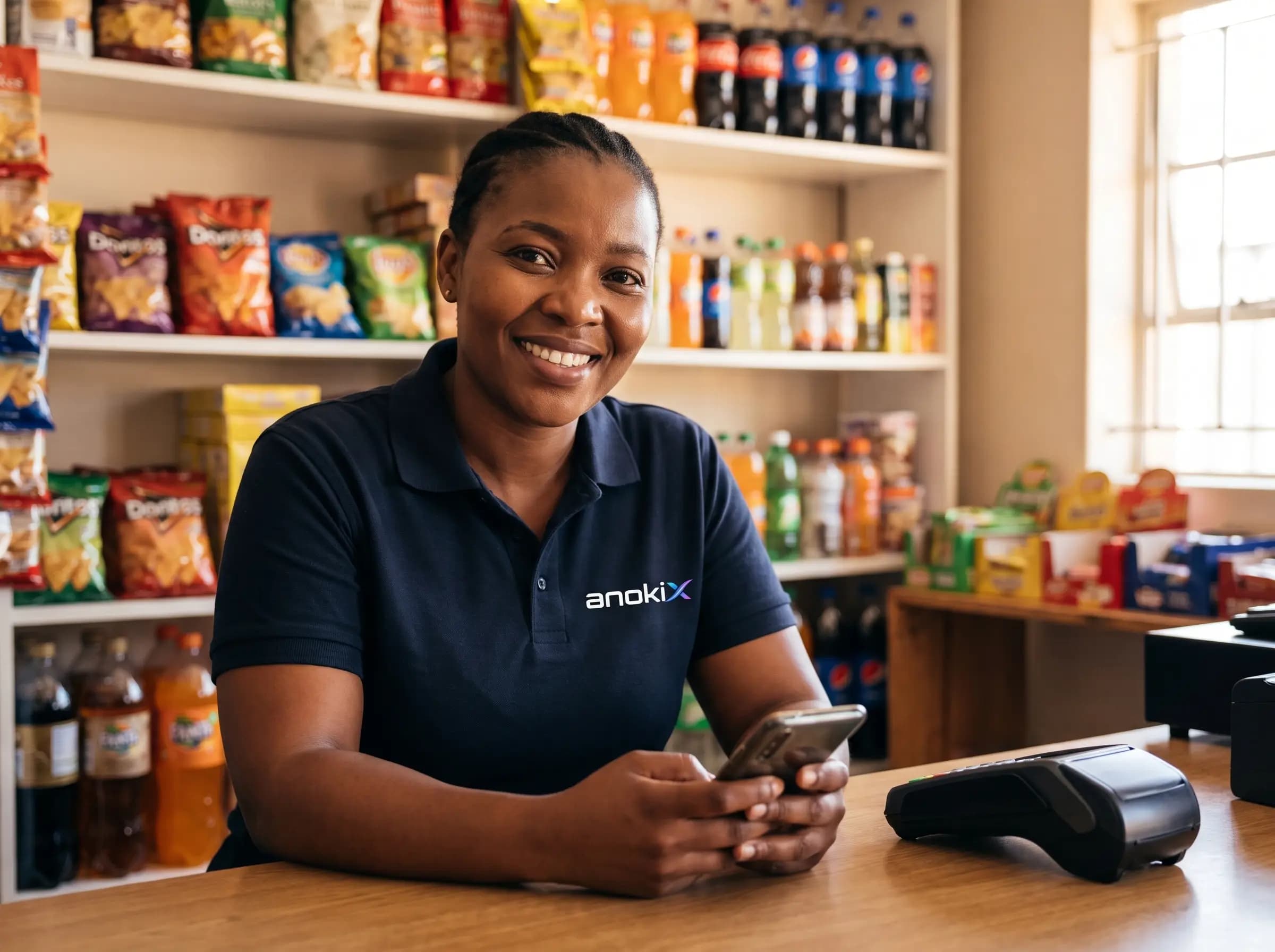 Shop owner smiling behind her counter, phone in hand, card terminal beside her