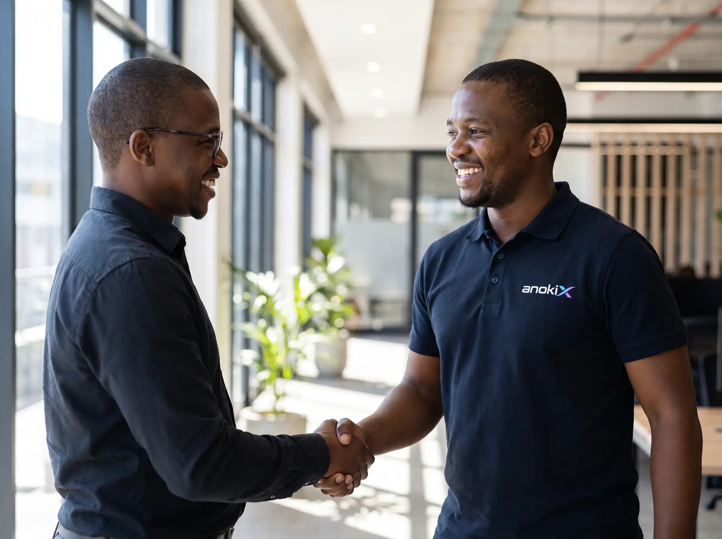 Two business partners shaking hands in an office